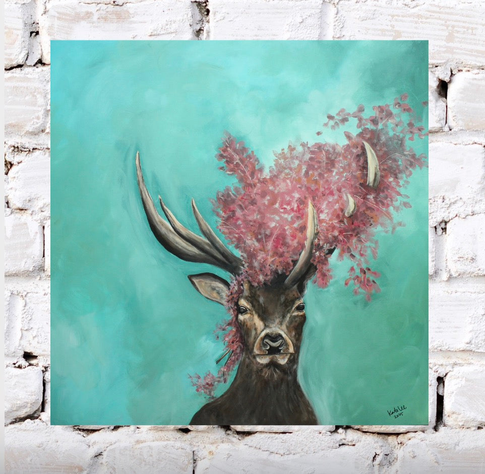 Deer and Flowers. Watercolor Print.